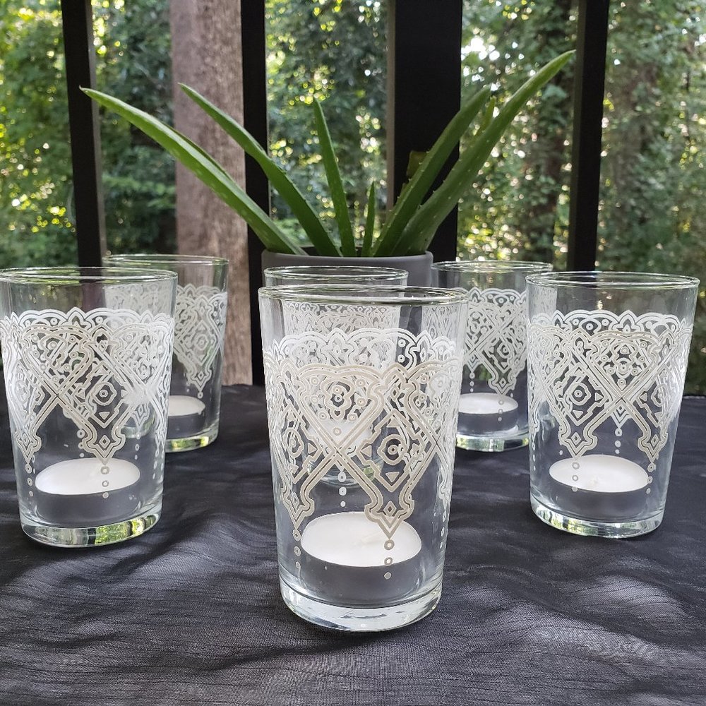 ZODAX Mazagran Glass Votive Tealight Candle Holders White Etched Set/6 Brand New - Picture 2 of 7